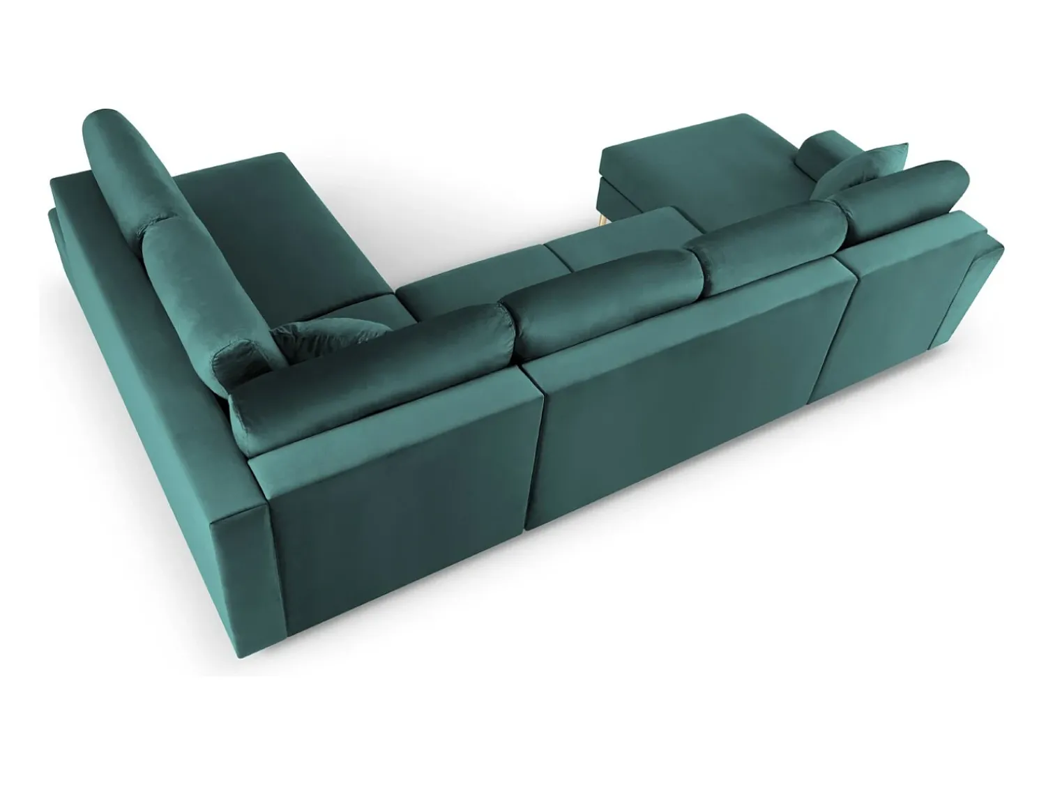 Outlet Cosmopolitan Design - Sofá panorâmico convertível em linha reta com caixa de arrumação "Kyoto" 7 lugares em veludo petróleo - 313x194x88cm Verde esmeralda
