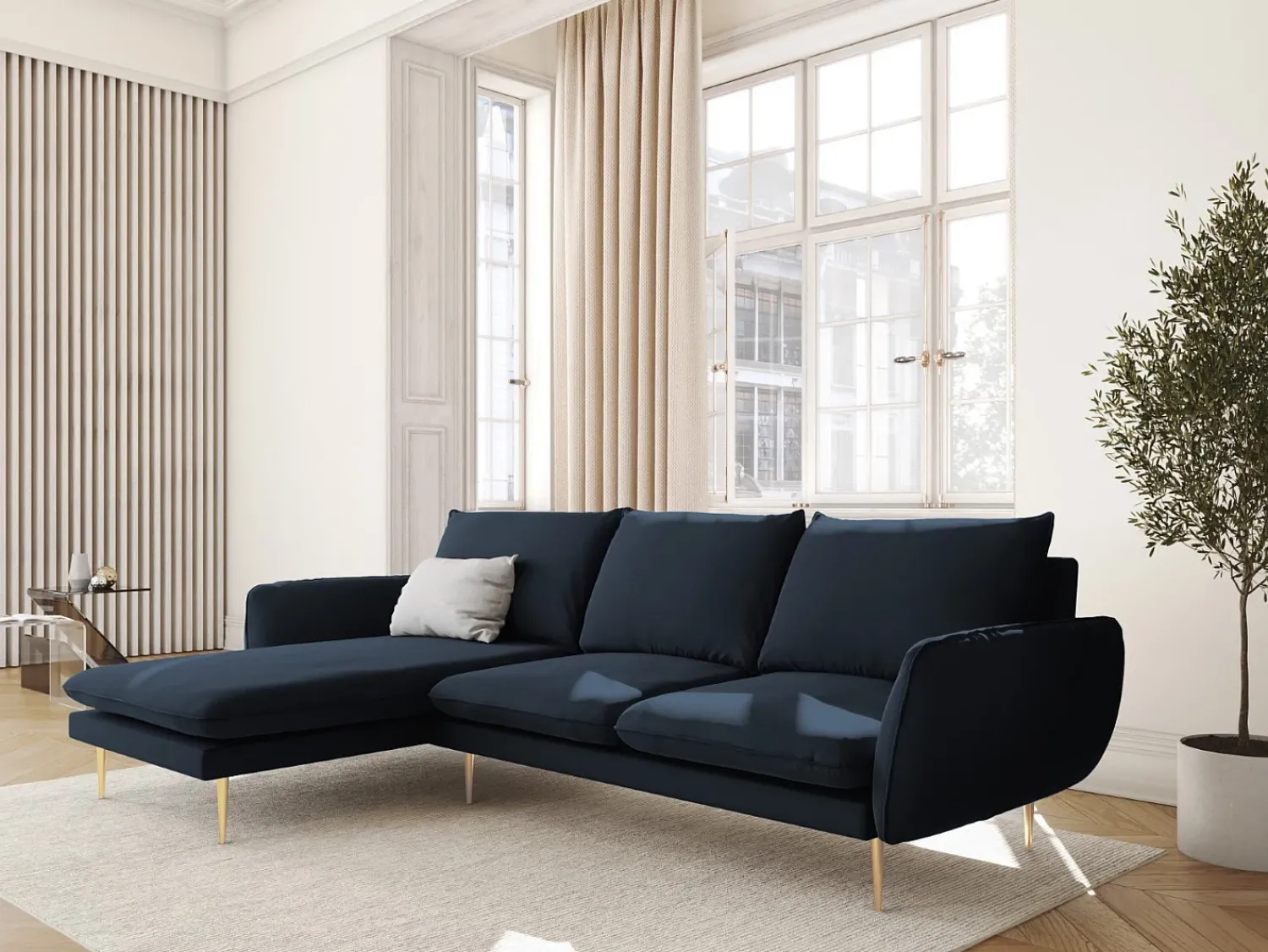 Outlet Cosmopolitan Design - Sofá de canto esquerdo "Vienna" 5 lugares em veludo - 255x170x95cm Azul escuro