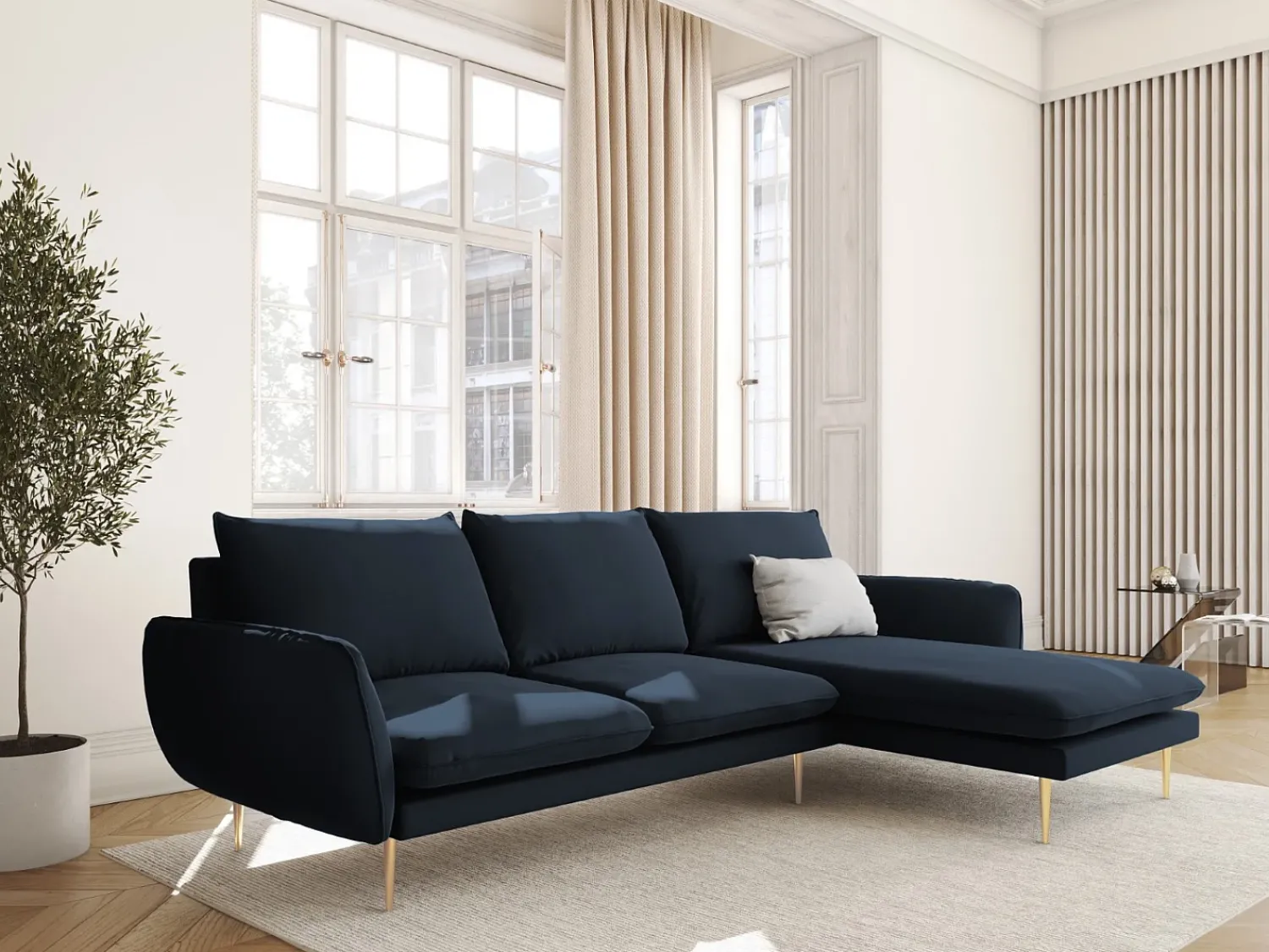 Sale Cosmopolitan Design - Sofá de canto direito "Vienna" 5 lugares em veludo - 255x170x95cm Azul escuro