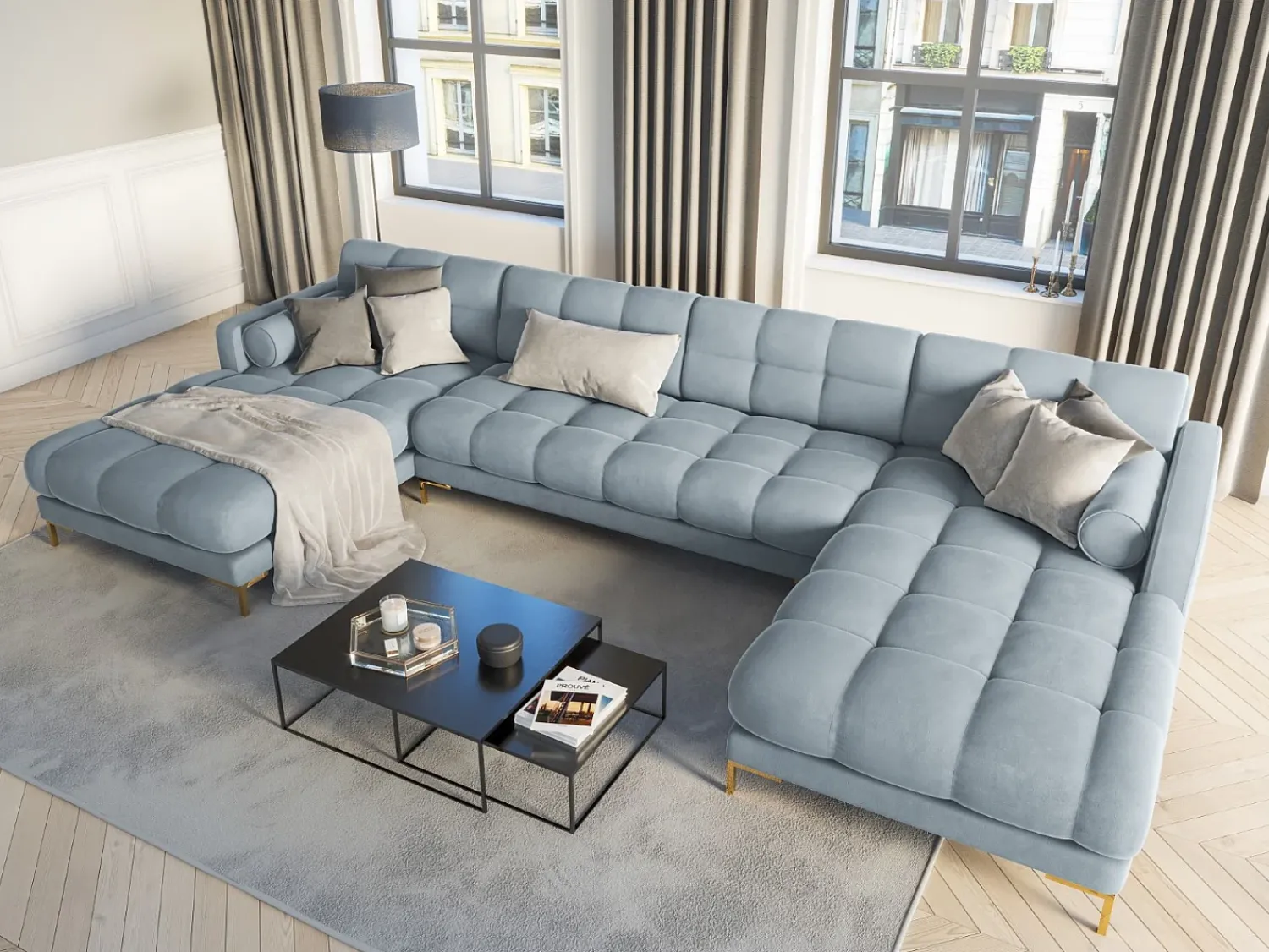Cosmopolitan Design - Sofá panorâmico "Bali" 7 lugares em veludo - 383x185x75cm Azul claro