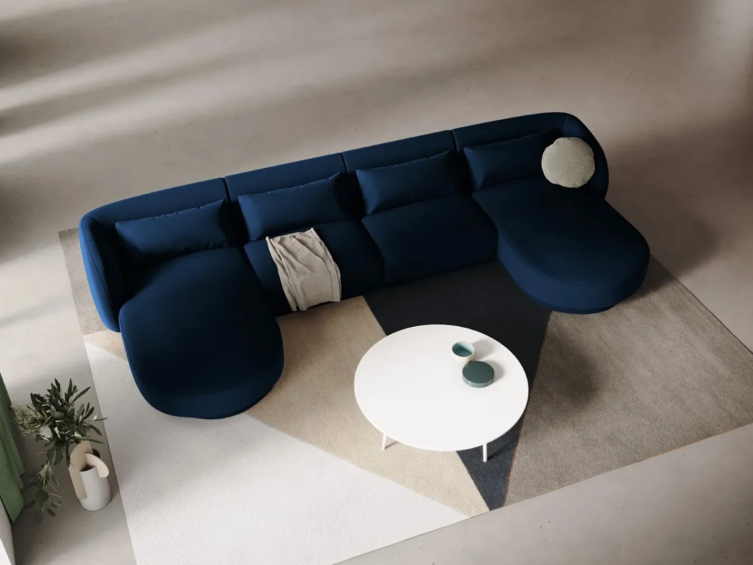 Cosmopolitan Design - Sofá panorâmico "Tulum" 5 lugares em veludo azul real - 330x156x70cm^ Sofá