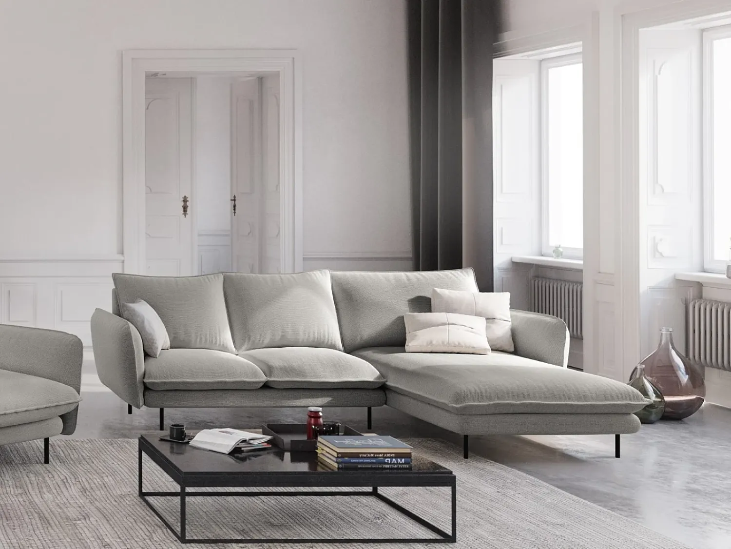 Sofá*Cosmopolitan Design - Sofá de canto direito "Vienna" 5 lugares em tecido estrutural cinza claro - 255x170x95cm Cinzento claro
