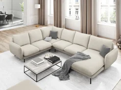 Discount Cosmopolitan Design - Sofá de canto panorâmico à esquerda "Vienna" 7 lugares em tecido estrutural claro - 330x235x95cm Bege