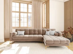 Sofá|Cosmopolitan Design - Sofá de canto direito "Bali" 5 lugares em veludo - 293x185x75cm Bege