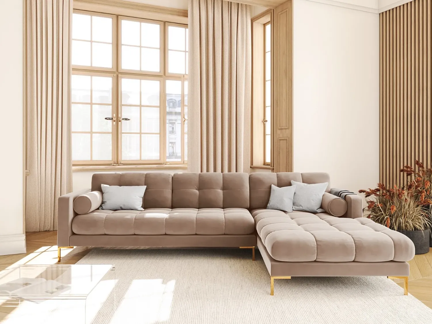 Sofá|Cosmopolitan Design - Sofá de canto direito "Bali" 5 lugares em veludo - 293x185x75cm Bege