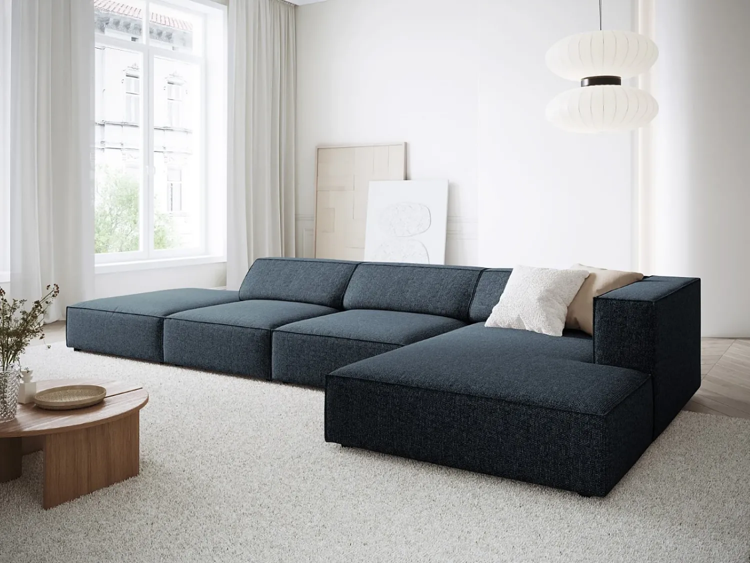 Cosmopolitan Design - Sofá de canto direito "Arendal" 5 lugares em tecido chenille azul real - 341x166x70cm^ Sofá