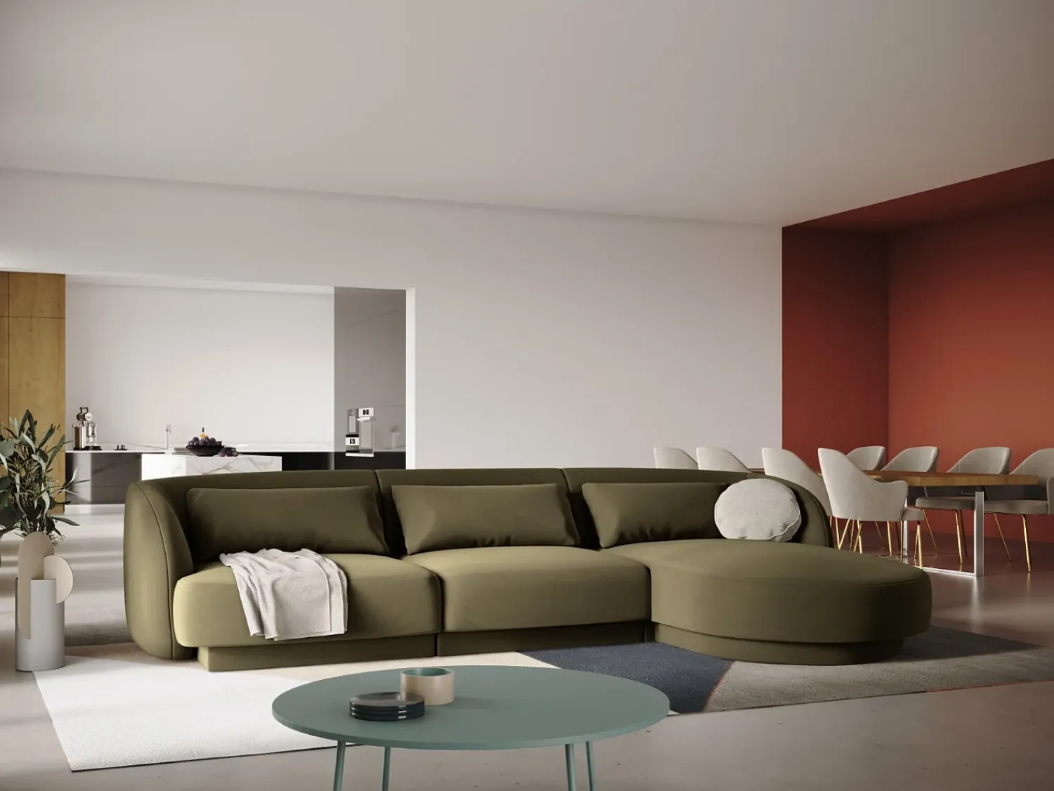 New Cosmopolitan Design - Sofá de canto direito "Tulum" 4 lugares em veludo - 255x156x70cm Verde