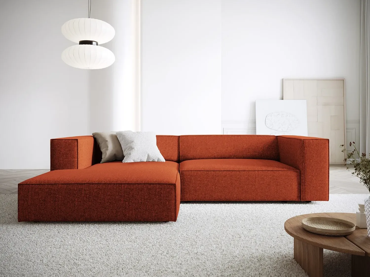 New Cosmopolitan Design - Sofá de canto esquerdo "Arendal" 3 lugares em tecido chenille - 224x166x70cm Terracota