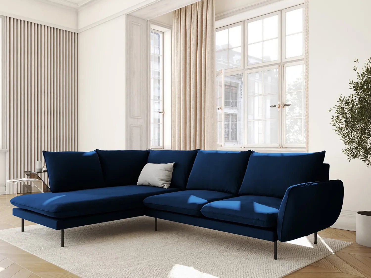 Sofá*Cosmopolitan Design - Sofá de canto esquerdo "Vienna" 6 lugares em veludo azul real - 275x185x95cm Azul escuro