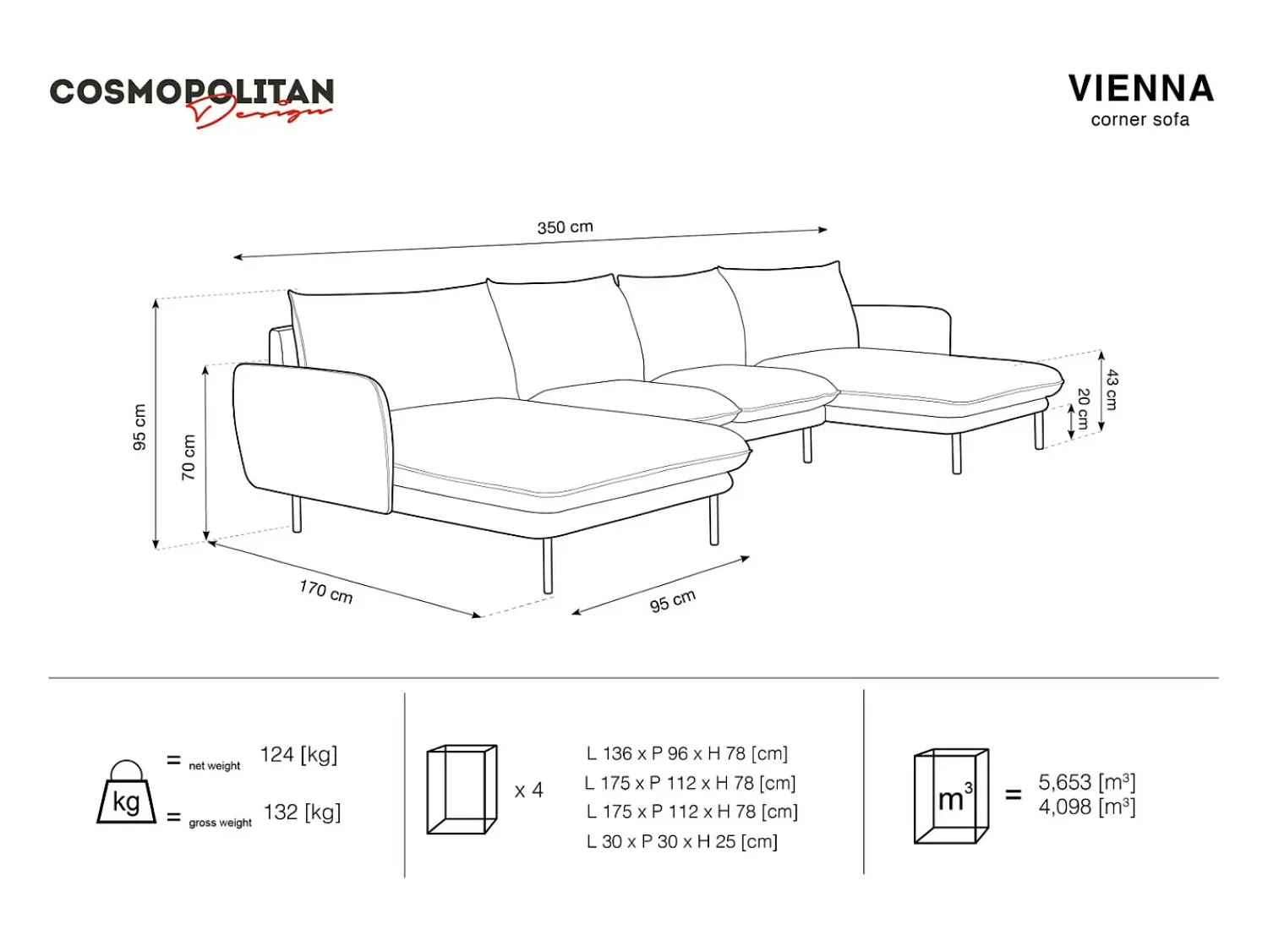 Sale Cosmopolitan Design - Sofá panorâmico "Vienna" 6 lugares em veludo - 350x170x95cm Azul escuro