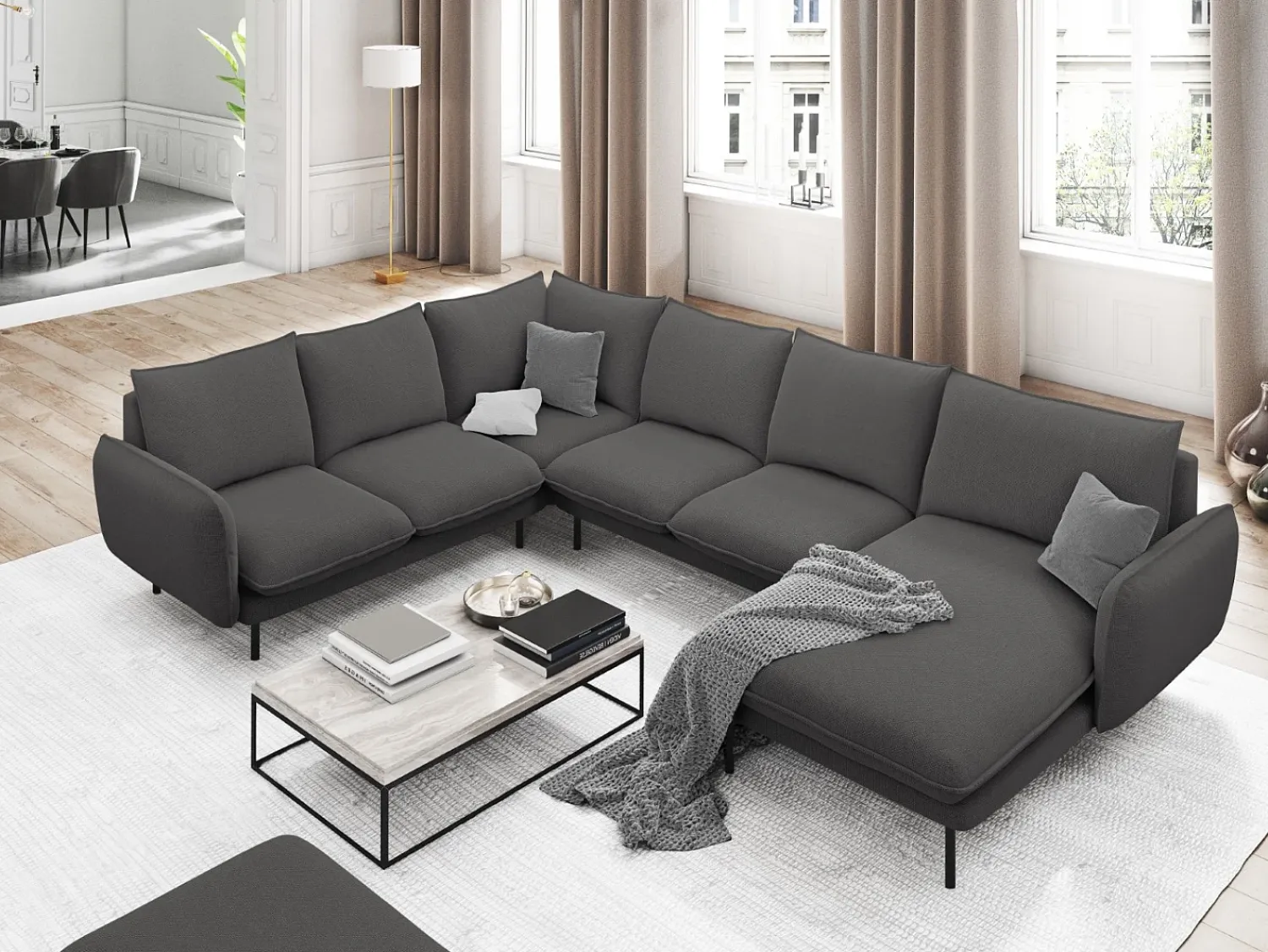 Cosmopolitan Design - Sofá de canto panorâmico à esquerda "Vienna" 7 lugares em tecido estrutural cinza escuro - 330x235x95cm^ Sofá