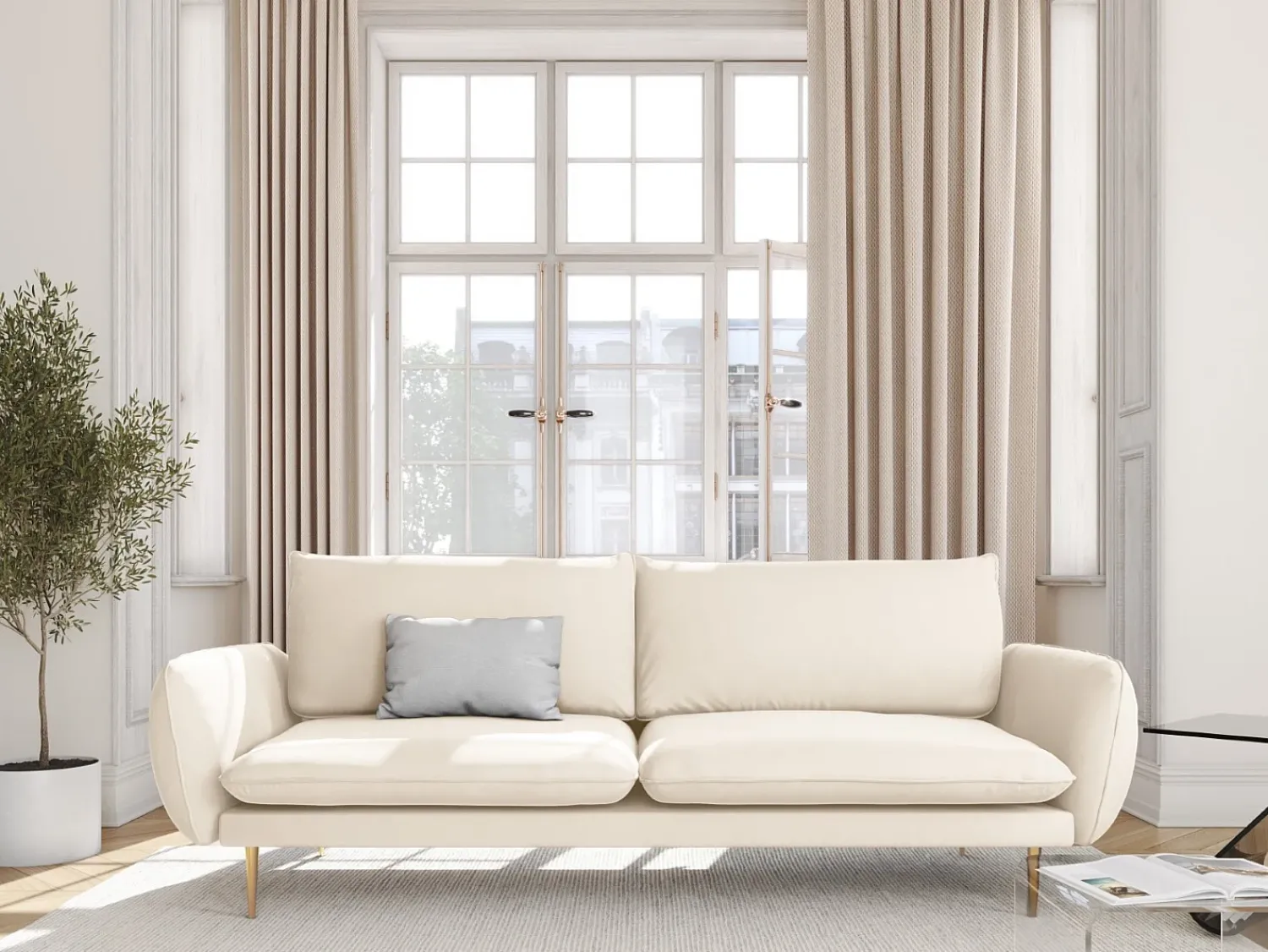 Sofá|Cosmopolitan Design - Sofá "Vienna" 4 lugares em veludo claro - 230x92x95cm Bege