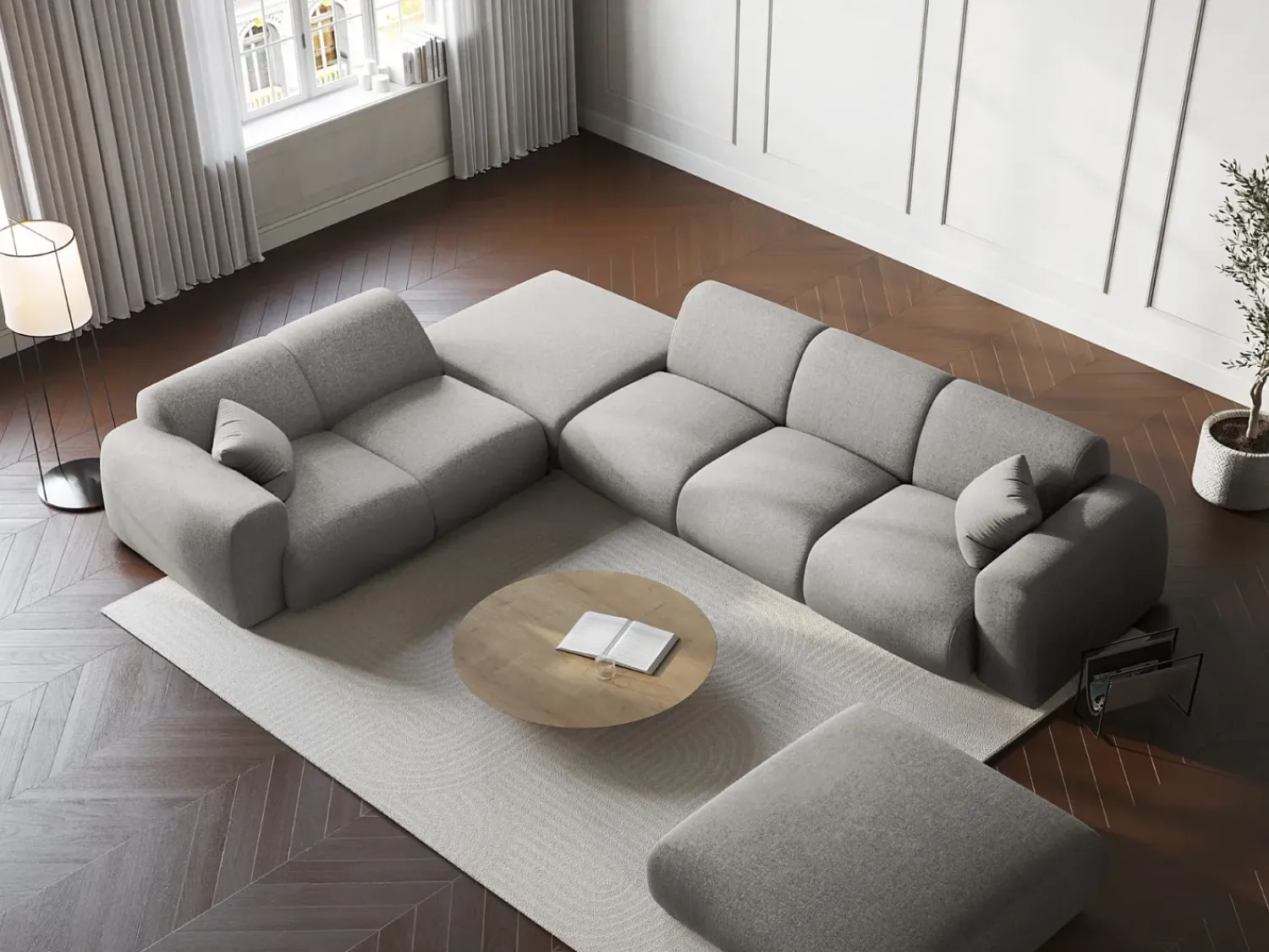 Cosmopolitan Design - Sofá de canto esquerdo "Nolio" 4 lugares em tecido chenille cinza claro - 315x250x72cm^ Sofá