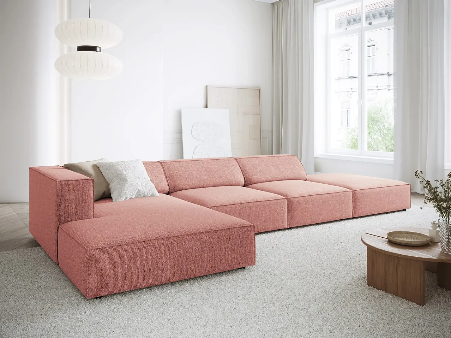 Sofá|Cosmopolitan Design - Sofá de canto esquerdo "Arendal" 5 lugares em tecido chenille - 341x166x70cm Rosa