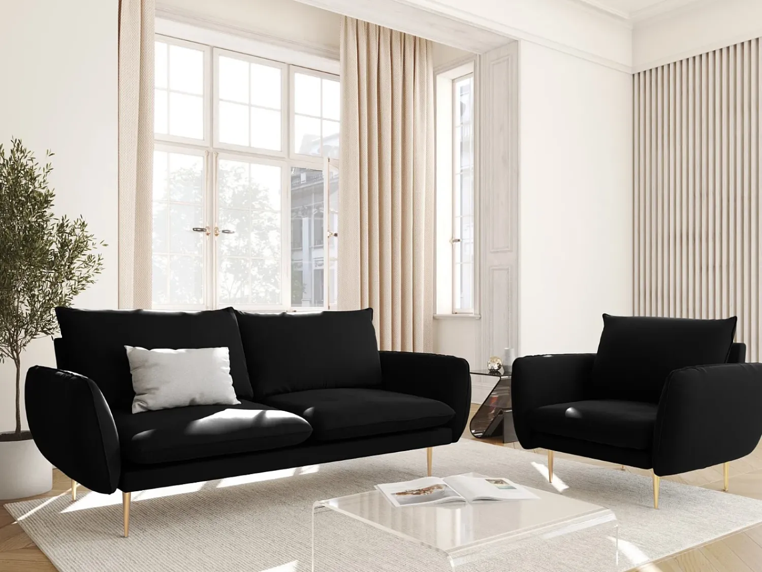 Sofá|Cosmopolitan Design - Sofá "Vienna" 2 lugares em veludo - 160x92x95cm Preto