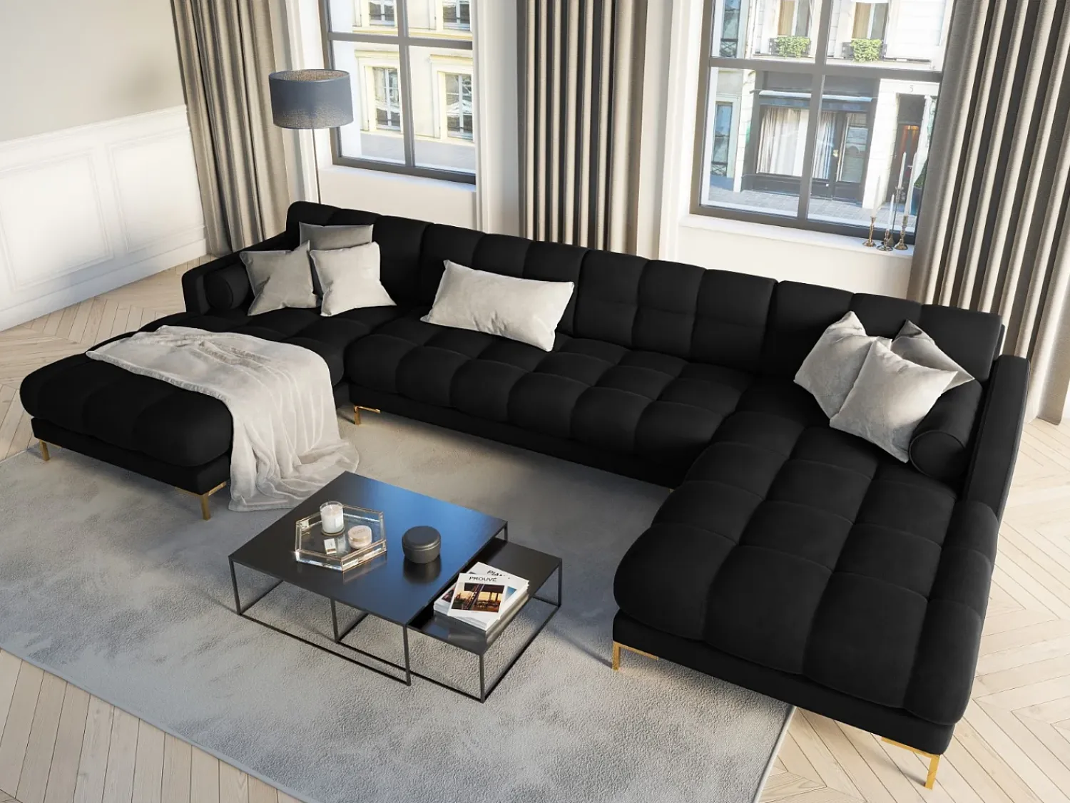 Sofá*Cosmopolitan Design - Sofá panorâmico "Bali" 7 lugares em veludo - 383x185x75cm Preto