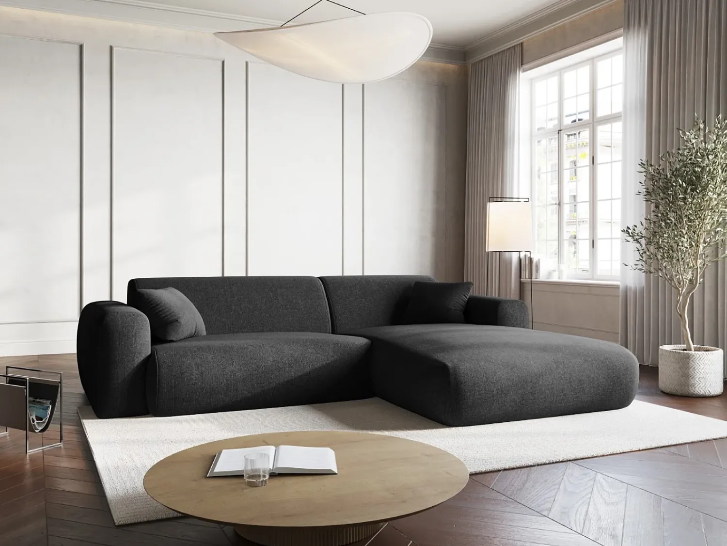 Sofá|Cosmopolitan Design - Sofá de canto direito "Nolio" 4 lugares em tecido chenille - 235x170x72cm Preto