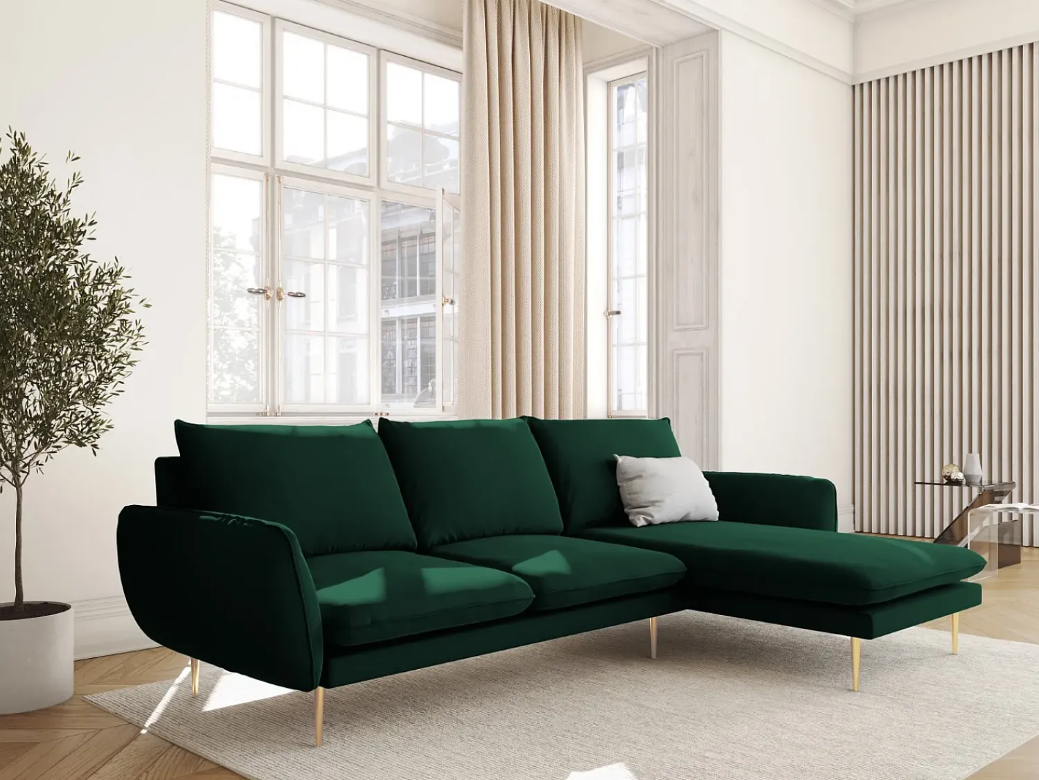 Cosmopolitan Design - Sofá de canto direito "Vienna" 5 lugares em veludo verde garrafa - 255x170x95cm^ Sofá