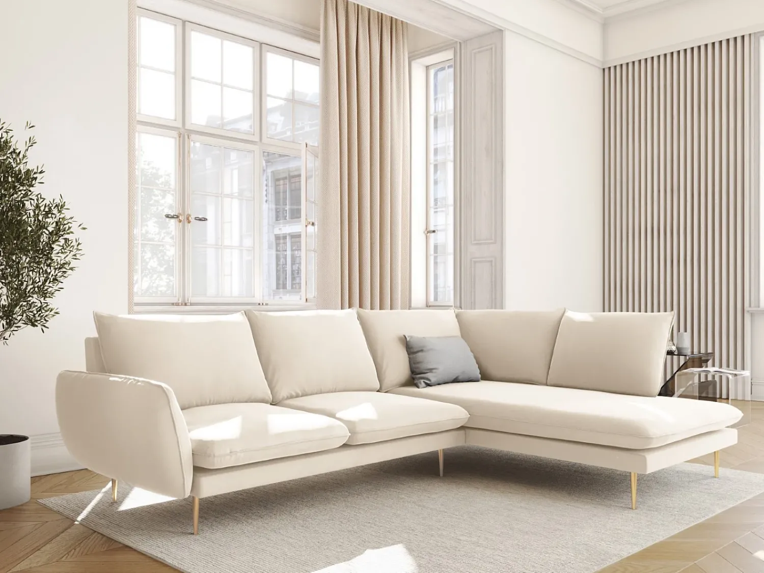 Hot Cosmopolitan Design - Sofá de canto direito "Vienna" 6 lugares em veludo claro - 275x185x95cm Bege