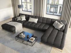 Cosmopolitan Design - Sofá panorâmico "Bali" 7 lugares em veludo cinza escuro - 383x185x75cm^ Sofá