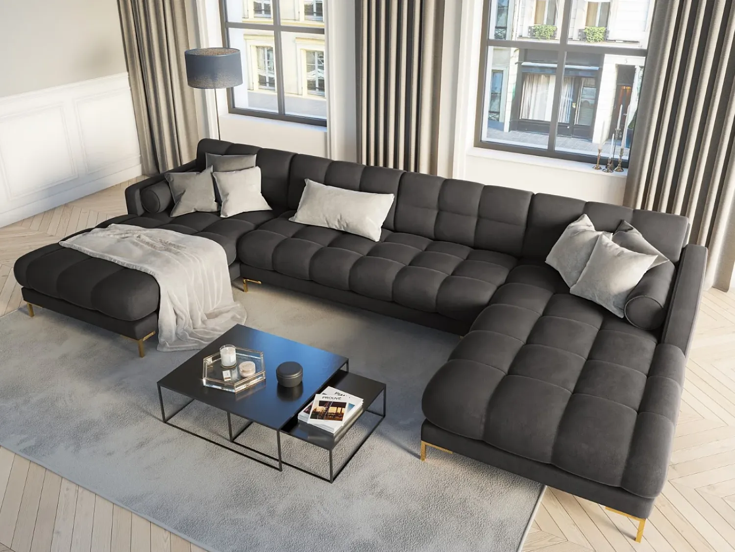 Cosmopolitan Design - Sofá panorâmico "Bali" 7 lugares em veludo cinza escuro - 383x185x75cm^ Sofá