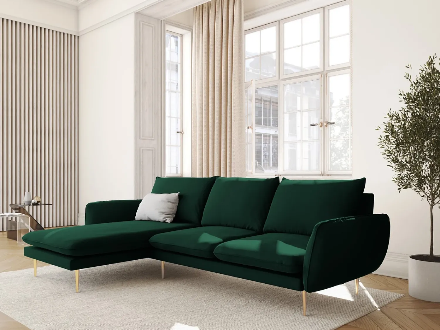 Cosmopolitan Design - Sofá de canto esquerdo "Vienna" 5 lugares em veludo verde garrafa - 255x170x95cm^ Sofá