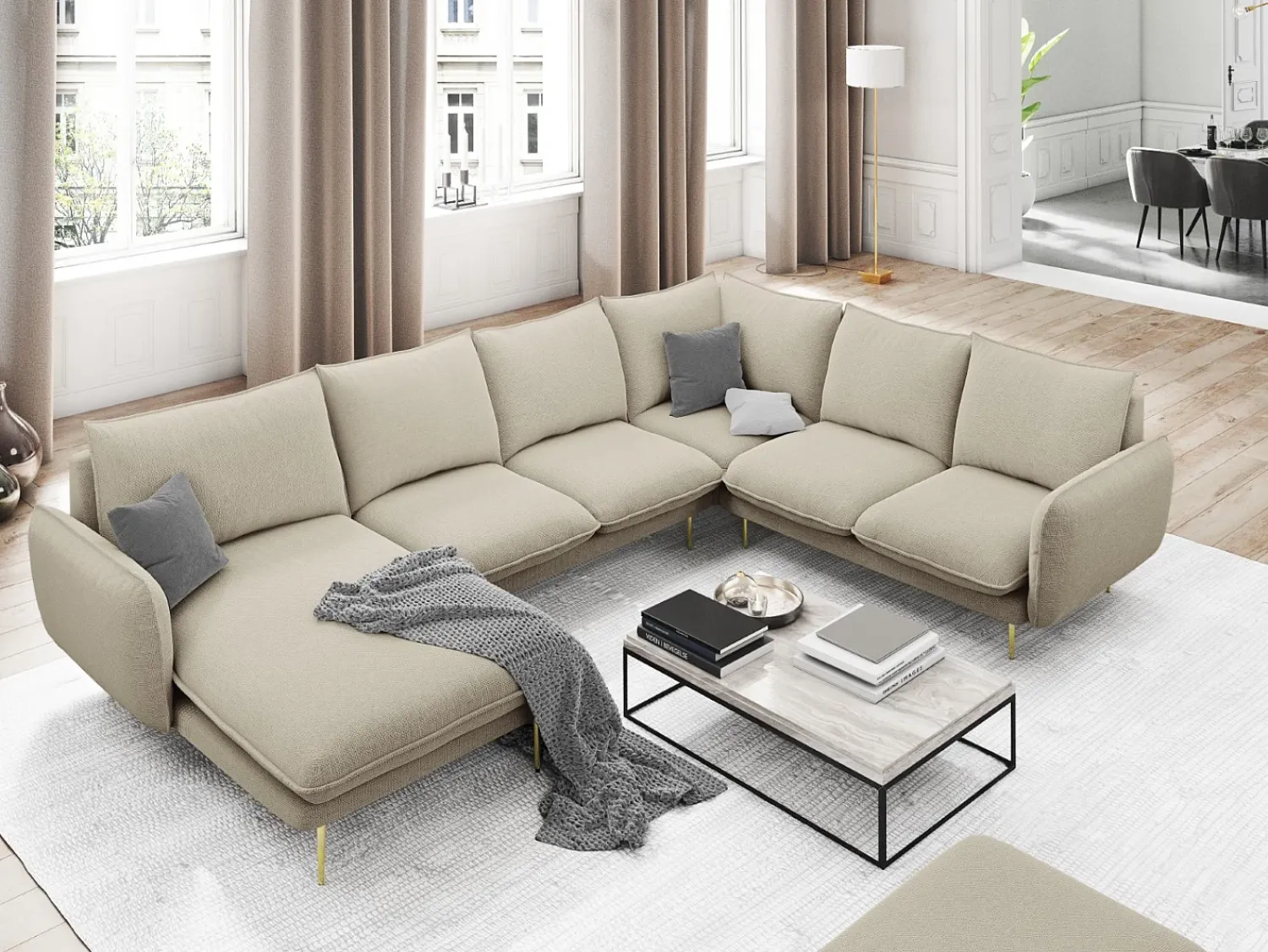 Sofá|Cosmopolitan Design - Sofá de canto direito panorâmico "Vienna" 7 lugares em tecido estrutural - 330x235x95cm Bege