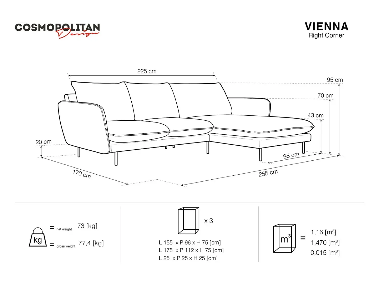 Sofá|Cosmopolitan Design - Sofá de canto direito "Vienna" 5 lugares em veludo cinza escuro - 255x170x95cm Cinza antracite