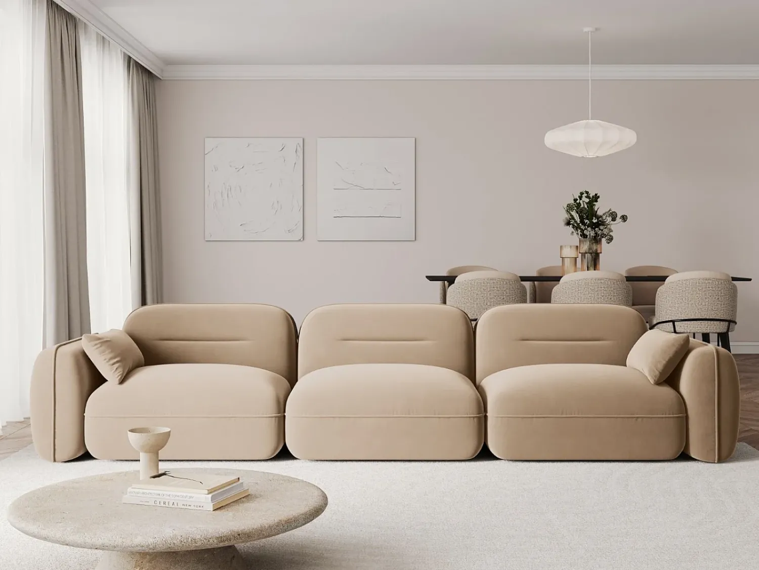Cosmopolitan Design - Sofá modular "Sydney" 4 lugares em veludo areia - 320x90x70cm^ Sofá