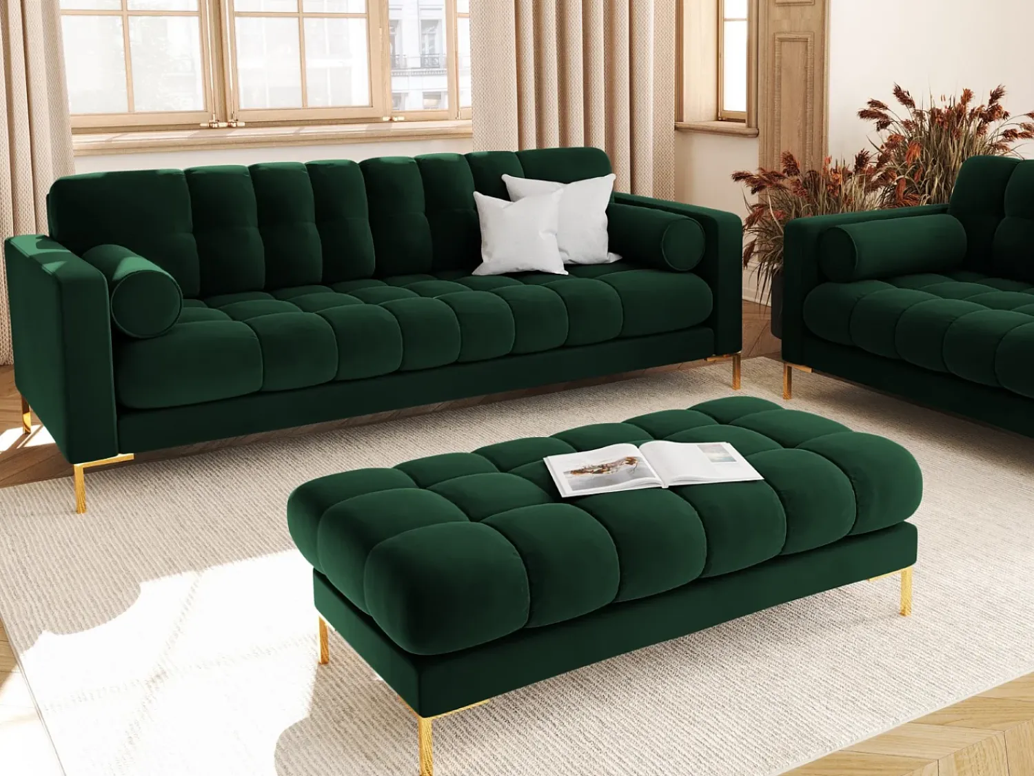 Cosmopolitan Design - Sofá "Bali" 3 lugares em veludo verde garrafa - 177x92x75cm^ Sofá
