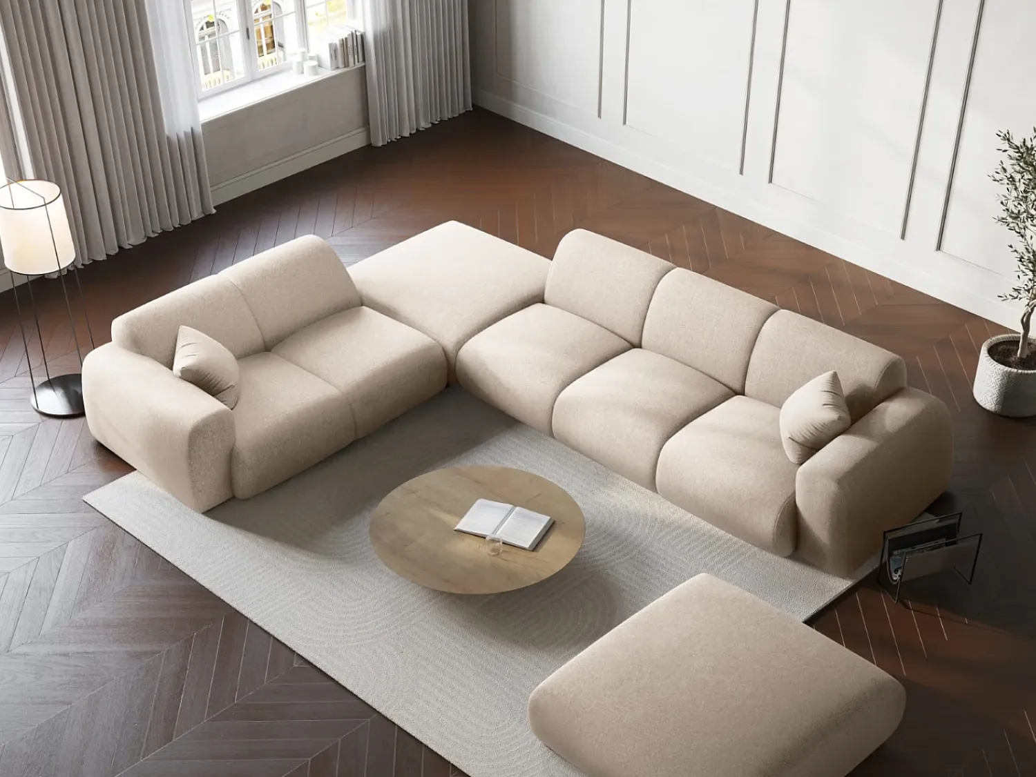 New Cosmopolitan Design - Sofá de canto esquerdo "Nolio" 4 lugares em tecido chenille claro - 315x250x72cm Bege