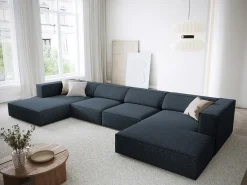 Outlet Cosmopolitan Design - Sofá panorâmico "Arendal" 6 lugares em tecido chenille azul real - 364x166x70cm Azul escuro