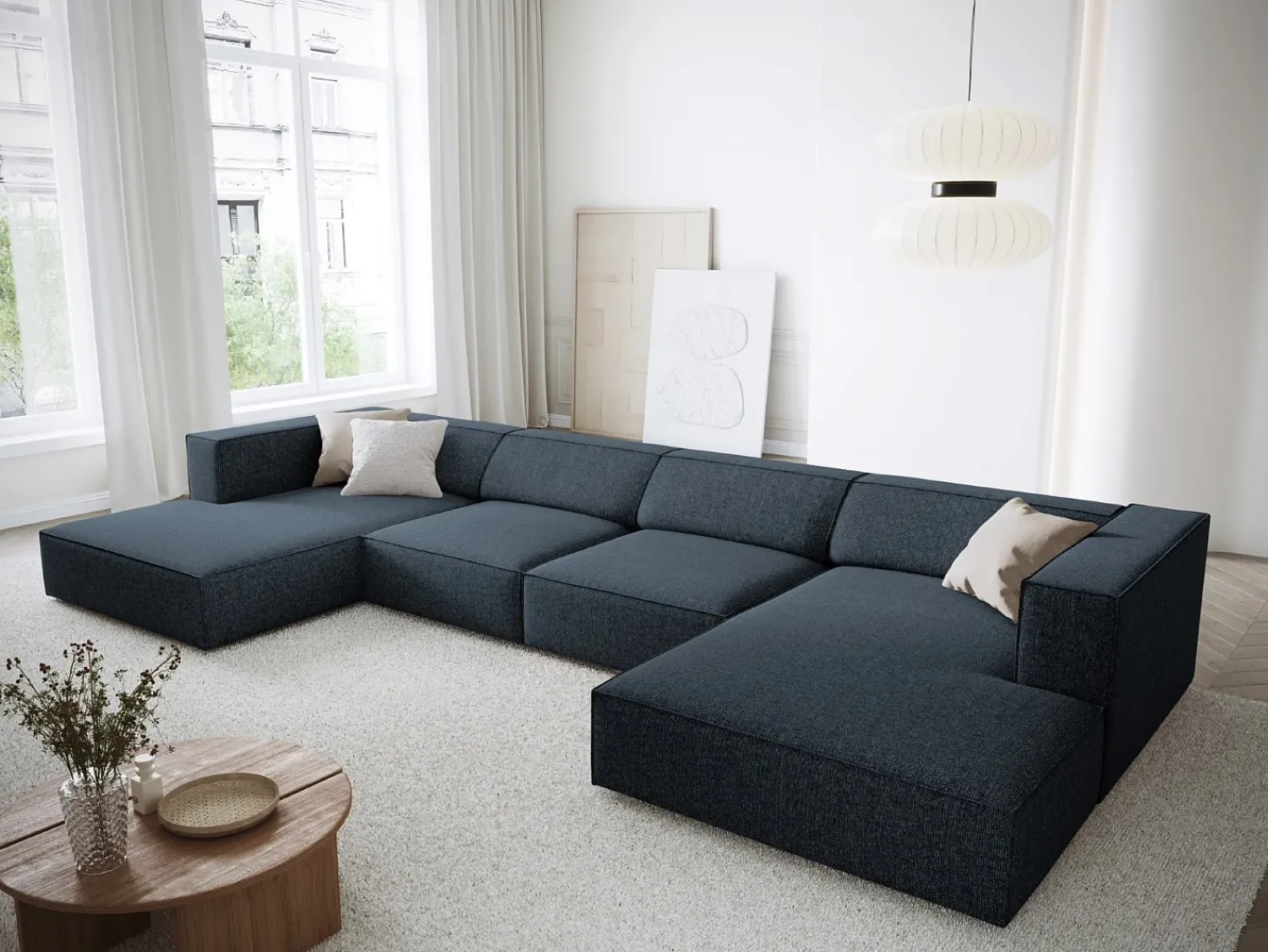 Outlet Cosmopolitan Design - Sofá panorâmico "Arendal" 6 lugares em tecido chenille azul real - 364x166x70cm Azul escuro