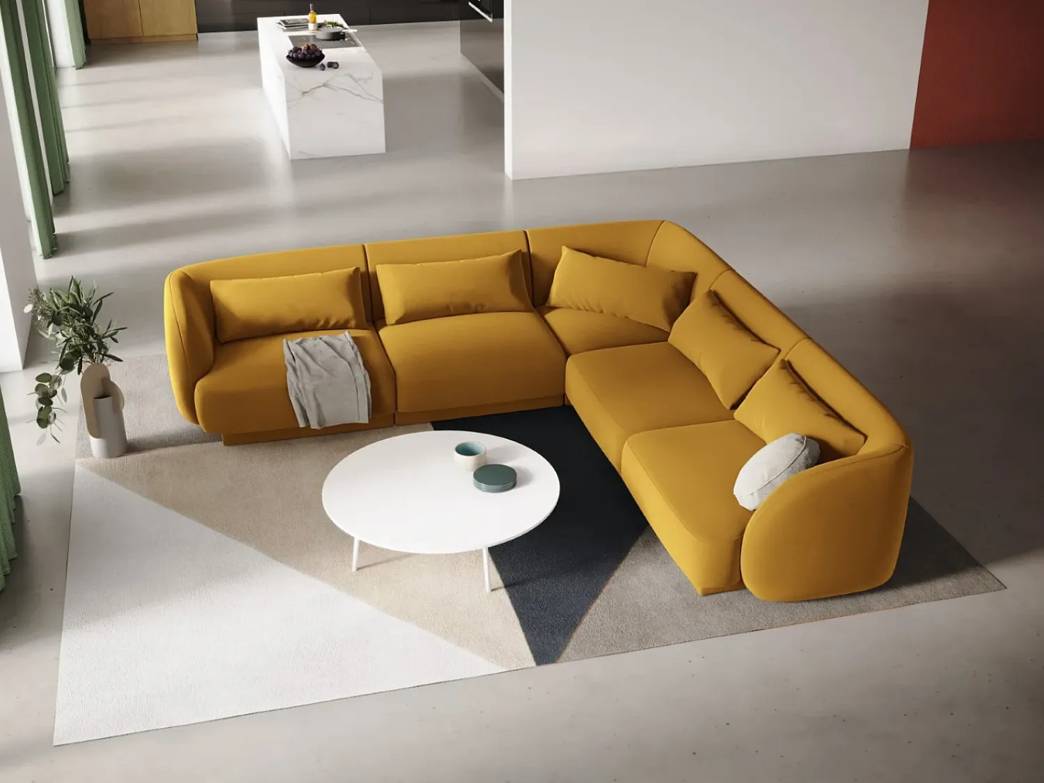 Sofá|Cosmopolitan Design - Sofá de canto simétrico "Tulum" 5 lugares em veludo - 255x255x70cm Amarelo