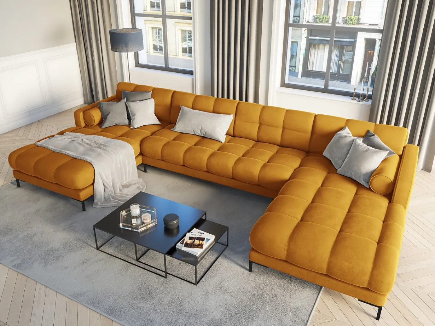 Cosmopolitan Design - Sofá panorâmico "Bali" 7 lugares em veludo - 383x185x75cm^ Sofá