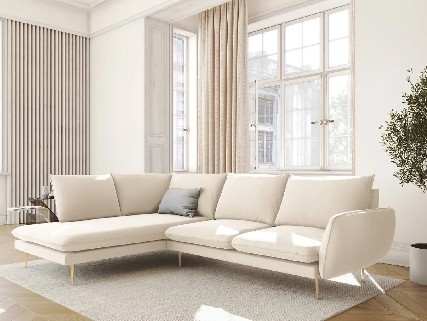 Sofá|Cosmopolitan Design - Sofá de canto esquerdo "Vienna" 6 lugares em veludo claro - 275x185x95cm Bege