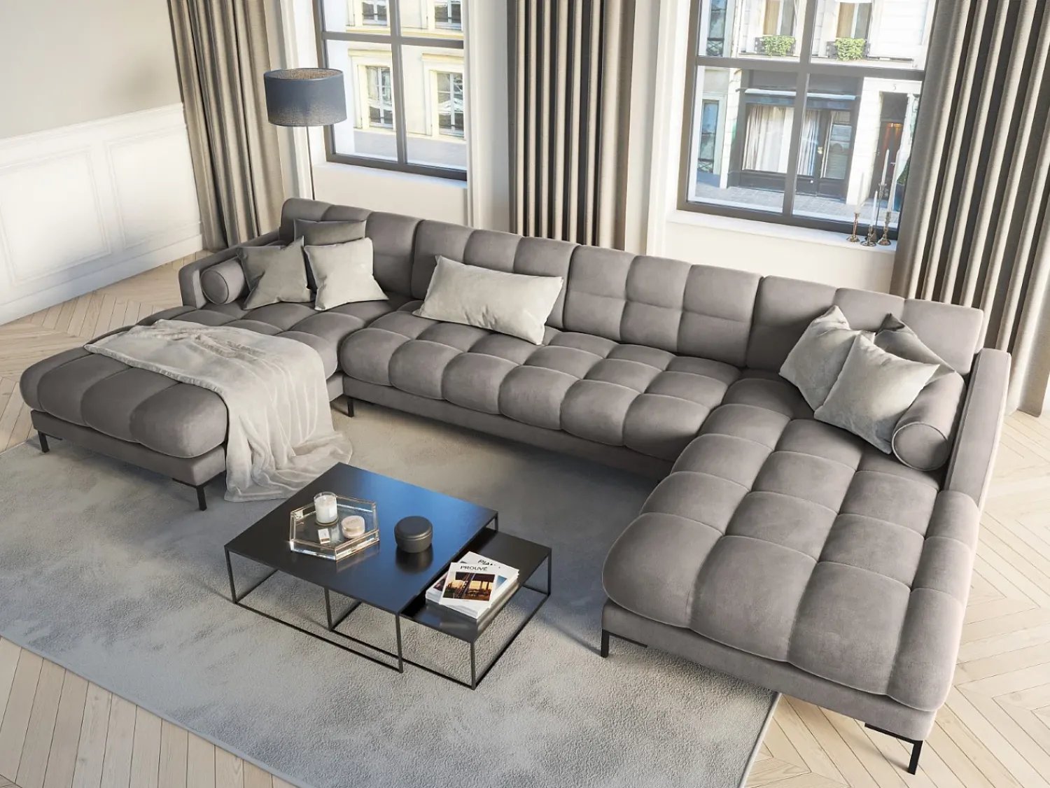 Cosmopolitan Design - Sofá panorâmico "Bali" 7 lugares em veludo cinza claro - 383x185x75cm^ Sofá