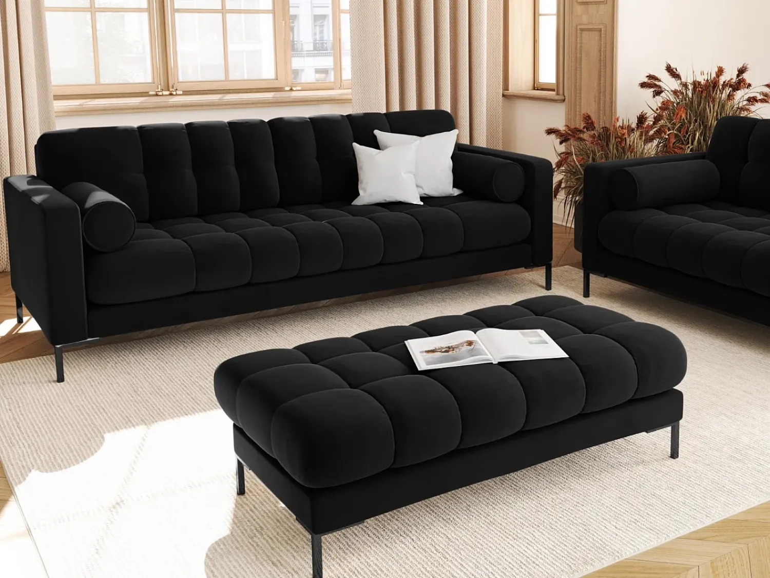 Sofá|Cosmopolitan Design - Sofá "Bali" 4 lugares em veludo - 217x92x75cm Preto