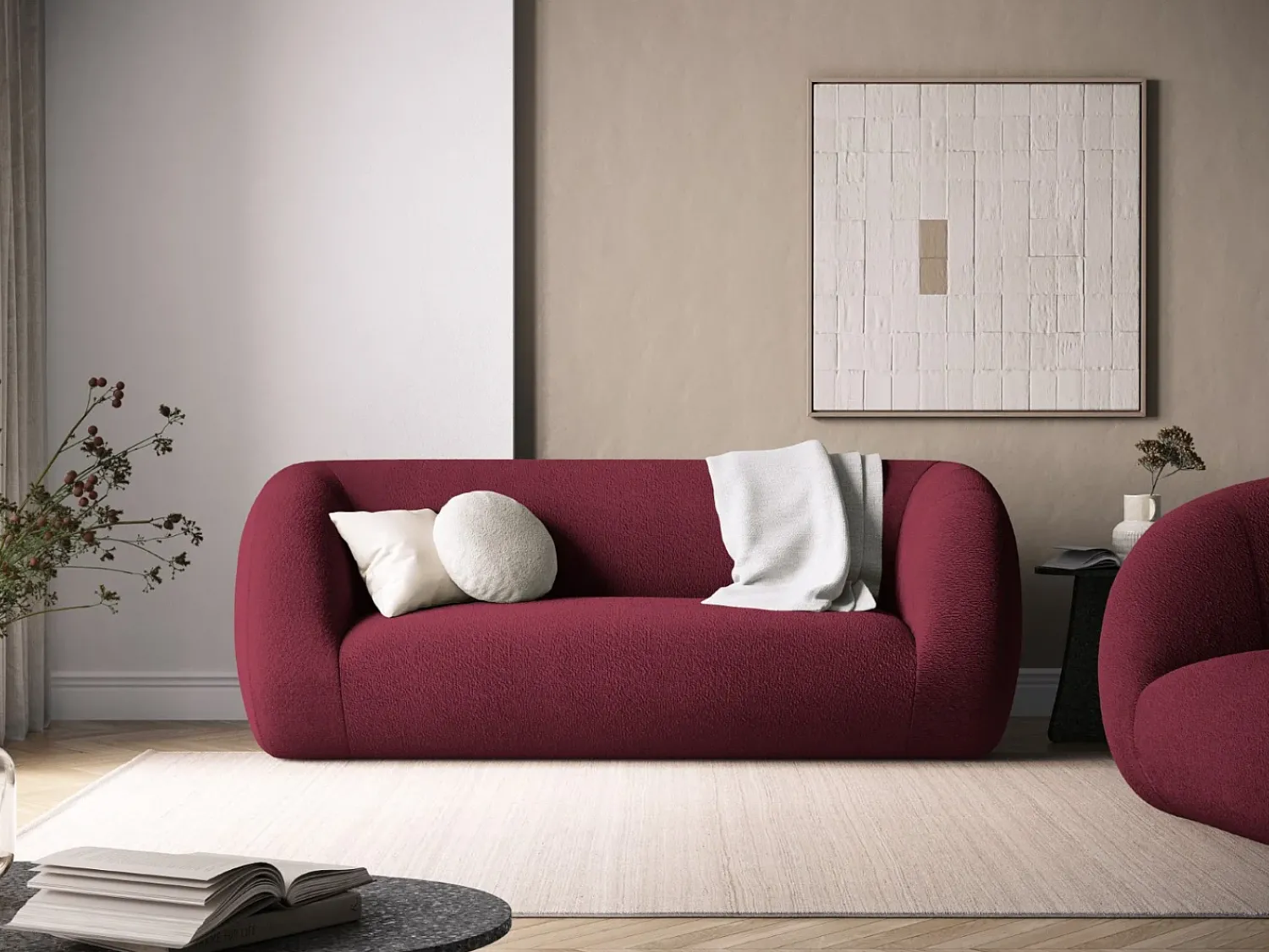 Sofá*Cosmopolitan Design - Sofá "Essen" 2 lugares em tecido bouclé - 210x95x86cm Bordeaux