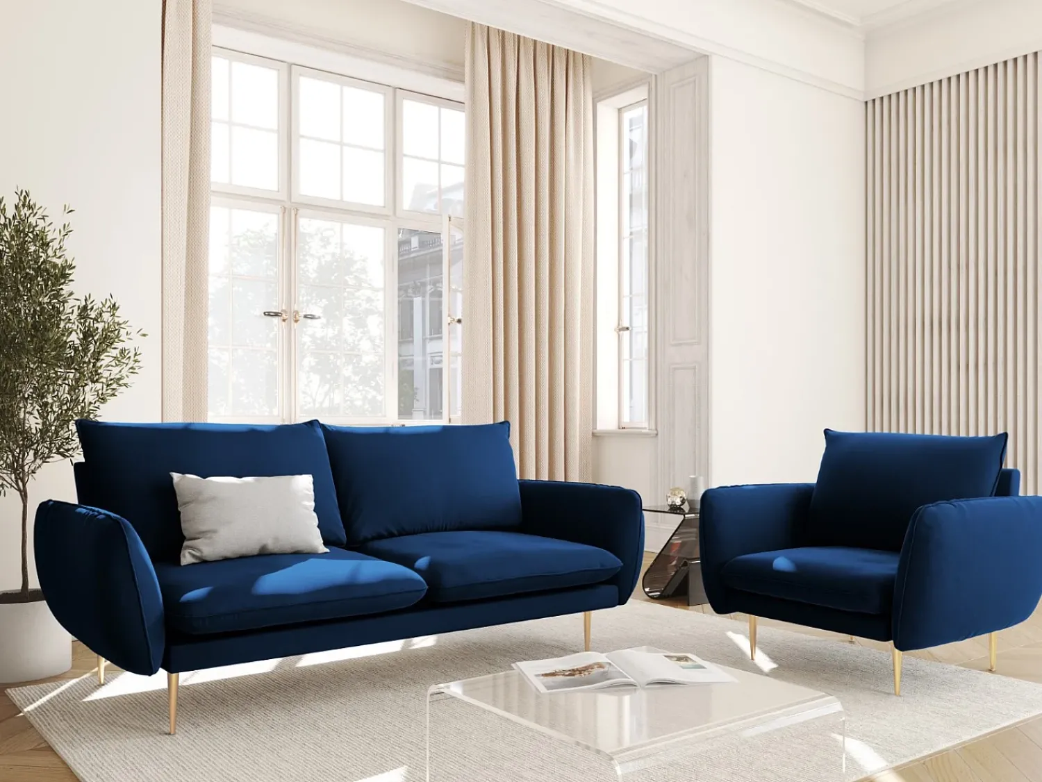 Cosmopolitan Design - Sofá "Vienna" 2 lugares em veludo azul real - 160x92x95cm^ Sofá