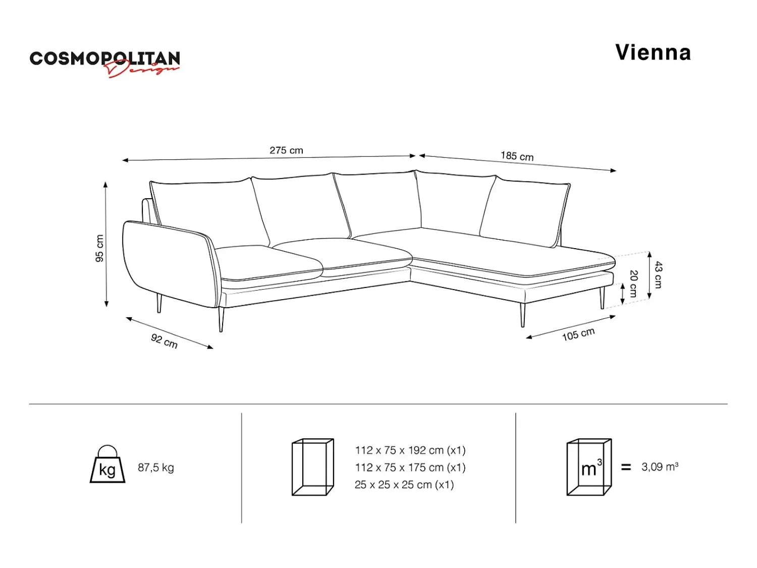 Sofá|Cosmopolitan Design - Sofá de canto direito "Vienna" 6 lugares em veludo - 275x185x95cm Azul escuro