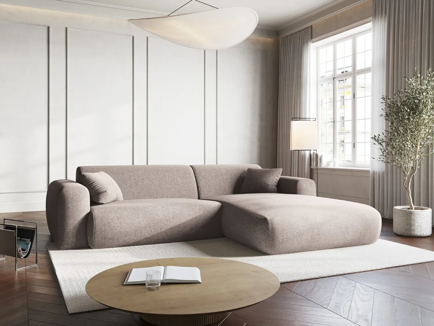 Sofá*Cosmopolitan Design - Sofá de canto direito "Nolio" 4 lugares em tecido chenille - 235x170x72cm Bege