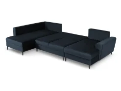Sofá|Cosmopolitan Design - Sofá panorâmico convertível esquerdo com caixa de arrumação "Kyoto" 7 lugares em veludo - 313x194x88cm Azul escuro