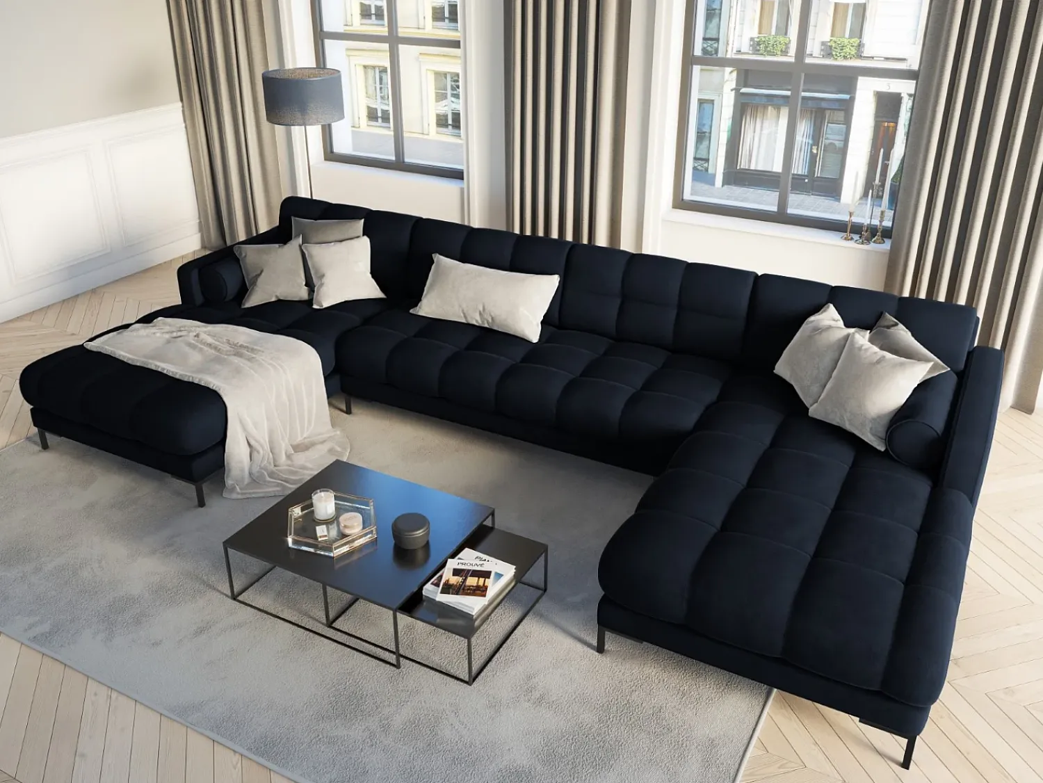 Sale Cosmopolitan Design - Sofá panorâmico "Bali" 7 lugares em veludo - 383x185x75cm Azul escuro