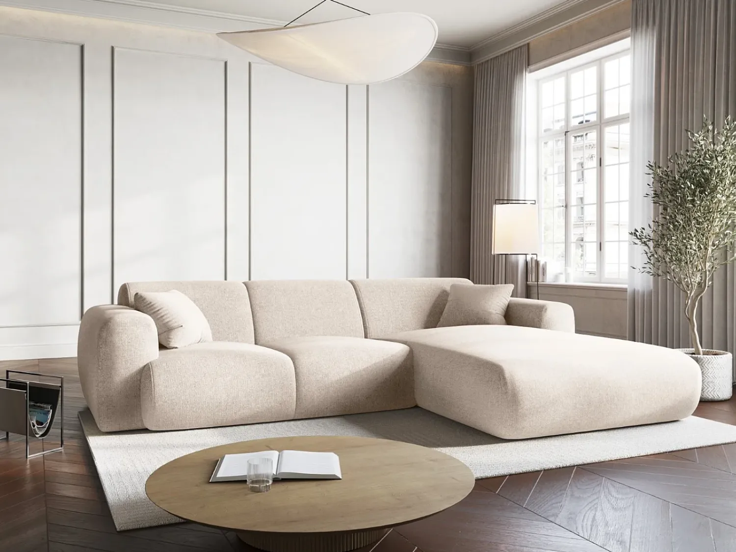 Sofá|Cosmopolitan Design - Sofá de canto direito "Nolio" 4 lugares em tecido chenille claro - 260x170x72cm Bege