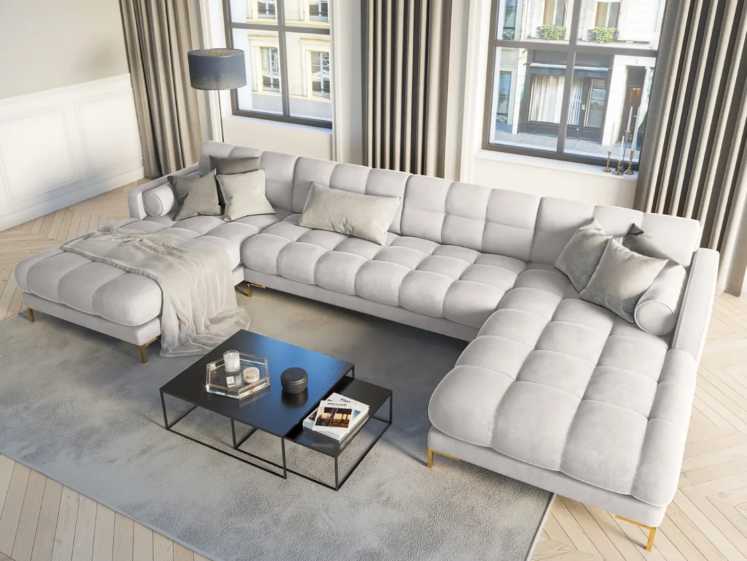 New Cosmopolitan Design - Sofá panorâmico "Bali" 7 lugares em veludo prata - 383x185x75cm Prateado