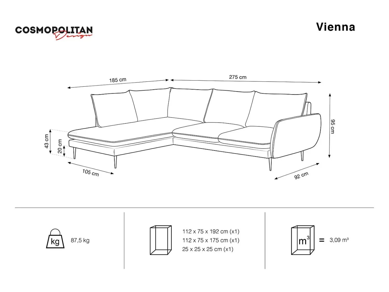 Outlet Cosmopolitan Design - Sofá de canto esquerdo "Vienna" 6 lugares em tecido bouclé cinza - 275x185x95cm Cinzento