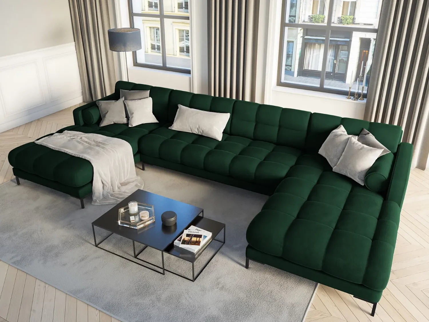 Sale Cosmopolitan Design - Sofá panorâmico "Bali" 7 lugares em veludo verde garrafa - 383x185x75cm Verde pinho