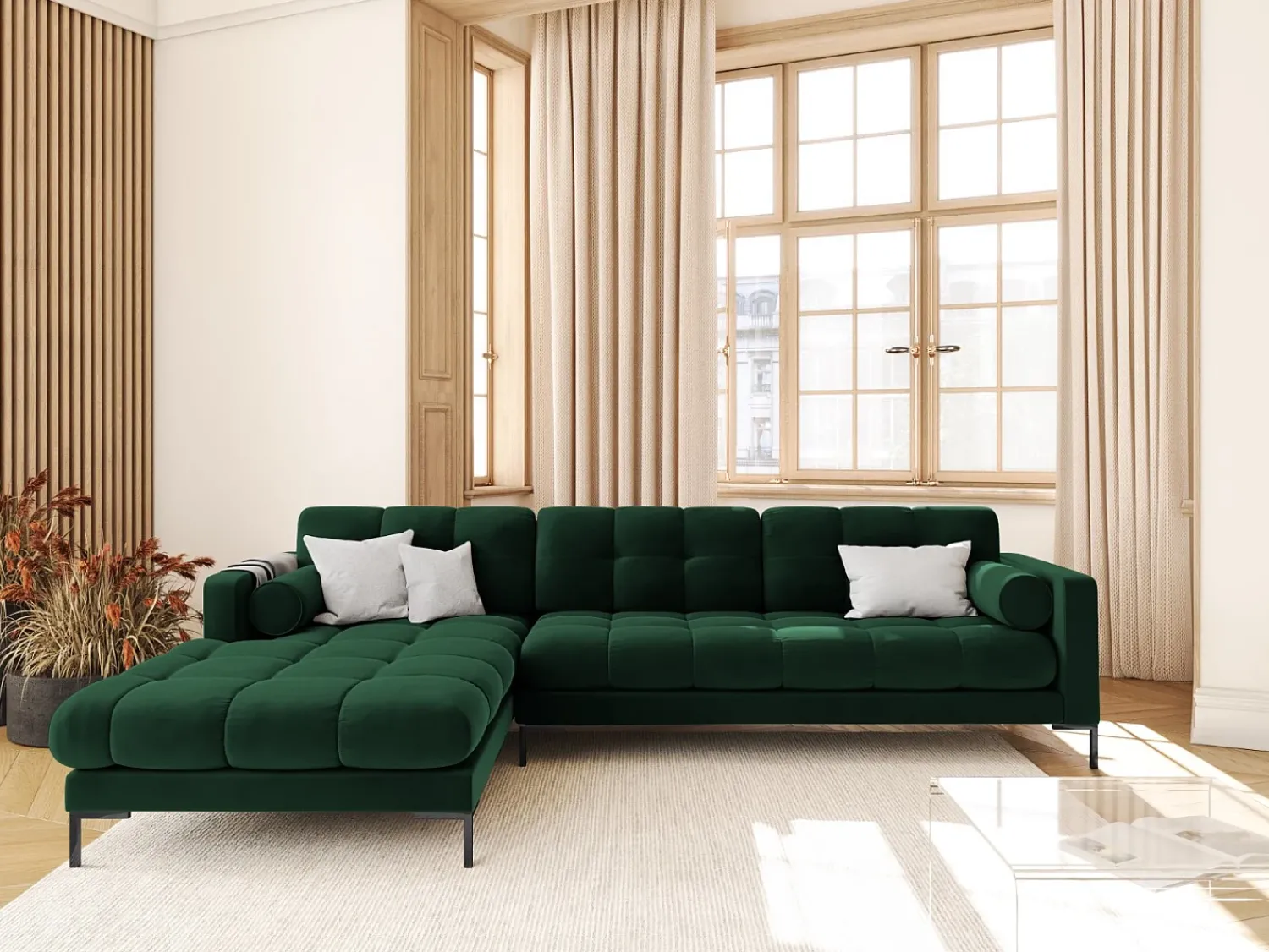 Sofá*Cosmopolitan Design - Sofá de canto esquerdo "Bali" 5 lugares em veludo verde garrafa - 293x185x75cm Verde pinho