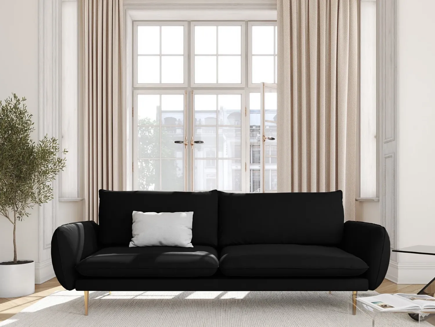 Sofá|Cosmopolitan Design - Sofá "Vienna" 4 lugares em veludo - 230x92x95cm Preto